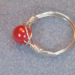 Silver and Beautiful Red Faux Pearl Ring